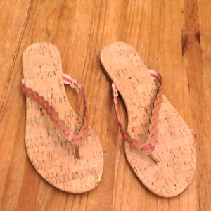 Crown & Ivy Lacey Cork Sole Strap Sandals W/ Orange and Tan Straps, Size 7M